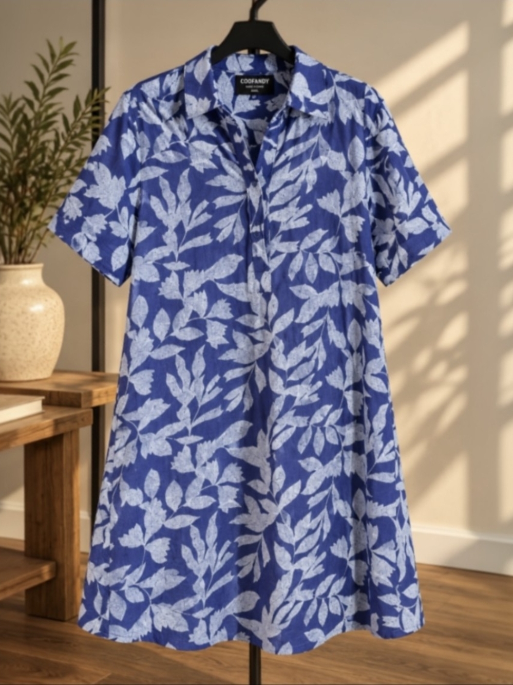 Chico’s Size 1 US 8 Blue White Floral Shirt Dress Linen Short Sleeve Midi